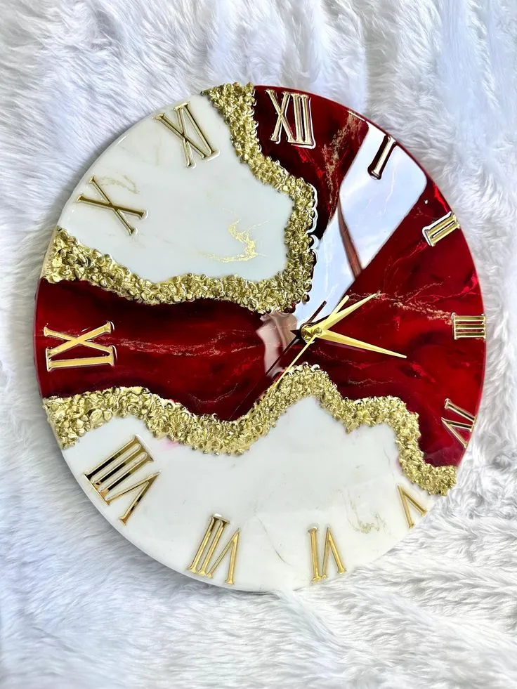 Resin red wall clock, resin art clock, red gold geode painting, resin painting, abstract art, gift for her, home decor,office decore.webp