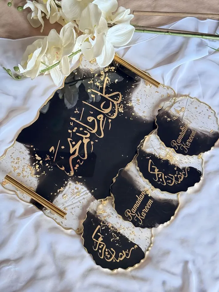 Ramadan Black n White Resin Tray & Coaster (Without Coaster, 12 x 8 Inches)